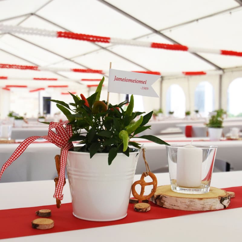 Ein weißer Topf mit einer kleinen Pflanze und einer kleinen Flagge steht auf einer roten Tischdecke neben einem Kerzenständer aus Glas in einem dekorierten Zelt mit roten und weißen Akzenten.